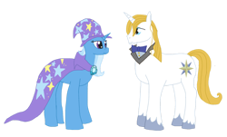 Size: 1280x774 | Tagged: safe, artist:mlp-headstrong, derpibooru import, prince blueblood, trixie, bluetrix, cape, clothes, female, hat, male, shipping, simple background, straight, transparent background, trixie's cape, trixie's hat