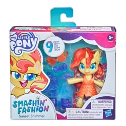 Size: 900x900 | Tagged: safe, derpibooru import, sunset shimmer, semi-anthro, unicorn, my little pony: pony life, boots, bow, clothes, doll, dress, female, figure, merchandise, my little pony logo, official, shoes, smashin' fashion, smiling, solo, sunglasses, toy, toy packaging