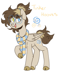 Size: 1280x1567 | Tagged: safe, artist:hehepeachyy, derpibooru import, oc, oc only, oc:tinker hooves, pegasus, pony, clothes, cloven hooves, female, glasses, heterochromia, mare, offspring, parent:derpy hooves, parent:doctor whooves, parents:doctorderpy, scarf, simple background, solo, transparent background