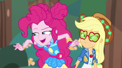 Size: 1920x1080 | Tagged: safe, derpibooru import, screencap, applejack, pinkie pie, accountibilibuddies, better together, equestria girls