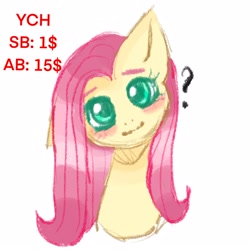 Size: 1600x1599 | Tagged: safe, artist:vaiola, derpibooru import, fluttershy, pegasus, pony, auction, auction open, big eyes, blushing, bust, commission, cute, female, long hair, mare, portrait, simple background, smiling, solo, white background, ych sketch, your character here