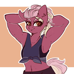 Size: 2000x2000 | Tagged: safe, artist:etoz, derpibooru import, oc, oc only, anthro, earth pony, anthro oc, clothes, earth pony oc, female, front knot midriff, mare, midriff, muscles, muscular female, sketch, smiling, smirk