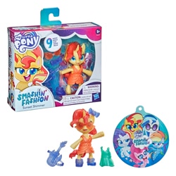 Size: 900x900 | Tagged: safe, derpibooru import, dj pon-3, pinkie pie, rainbow dash, rarity, sunset shimmer, vinyl scratch, earth pony, pegasus, pony, semi-anthro, unicorn, my little pony: pony life, boots, bow, clothes, doll, dress, female, figure, guitar, merchandise, musical instrument, my little pony logo, official, shoes, smashin' fashion, smiling, sunglasses, toy, toy packaging