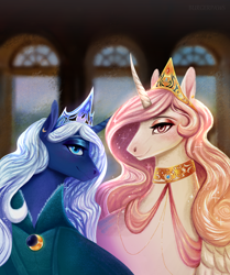 Size: 1828x2182 | Tagged: safe, artist:pumpkabooo, derpibooru import, princess celestia, princess luna, alicorn, pony, bust, clothes, duo, female, mare, pink-mane celestia, portrait, royal sisters, siblings, sisters