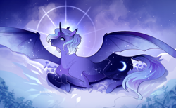 Size: 2500x1538 | Tagged: safe, artist:pumpkabooo, derpibooru import, princess luna, alicorn, pony, alternate design, bat wings, female, flower, lying down, mare, night, prone, solo, wings