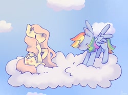 Size: 1024x767 | Tagged: safe, artist:spookysuvi, derpibooru import, fluttershy, rainbow dash, pegasus, pony, cloud, cute, sky