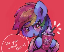 Size: 2505x2052 | Tagged: safe, artist:lexiedraw, derpibooru import, rainbow dash, pegasus, pony, coffee cup, cup, dialogue, simple background, solo, speech bubble, starbucks, straw, talking to viewer