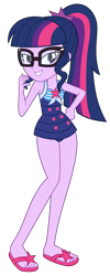 Size: 5813x14531 | Tagged: safe, artist:firesidearmy46231, derpibooru import, sci-twi, twilight sparkle, better together, equestria girls, forgotten friendship, bedroom eyes, clothes, feet, female, flip-flops, glasses, looking at you, sandals, simple background, sleeveless, solo, swimsuit, transparent background, vector