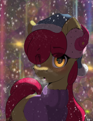 Size: 2606x3418 | Tagged: safe, artist:skitsroom, derpibooru import, apple bloom, earth pony, pony, clothes, earmuffs, eye clipping through hair, eyebrows visible through hair, female, hat, looking at you, snow, solo, sweater, winter, winter outfit