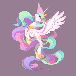 Size: 2048x2048 | Tagged: safe, artist:drtuo4, derpibooru import, princess celestia, alicorn, pony, crown, female, flying, high res, hoof shoes, jewelry, looking up, mare, purple background, regalia, simple background, solo, spread wings, wings