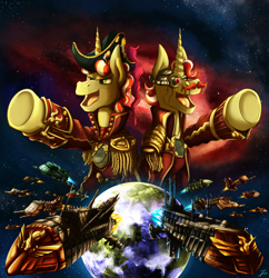 Size: 1696x1750 | Tagged: safe, artist:jamescorck, derpibooru import, flam, flim, pony, unicorn, flim flam brothers, male, open mouth, planet, space, spaceship, stallion, this will end in exterminatus, underhoof, warhammer (game), warhammer 40k