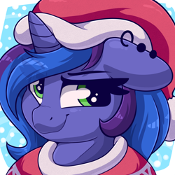 Size: 2000x2000 | Tagged: safe, artist:graphene, derpibooru import, oc, oc only, oc:blue monday, pony, unicorn, bust, christmas, clothes, ear piercing, eye clipping through hair, female, hat, holiday, looking at you, mare, piercing, santa hat, simple background, solo, sweater, winter, winter outfit
