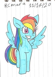 Size: 777x1092 | Tagged: safe, artist:cmara, derpibooru import, rainbow dash, pegasus, pony, female, grin, mare, simple background, smiling, solo, spread wings, traditional art, white background, wings