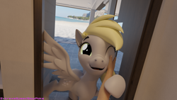 Size: 7680x4320 | Tagged: safe, artist:extremespeed slowpoke, derpy hooves, pegasus, pony, 3d, beach, blender, female, mare, offscreen character, petting, pov, revamped ponies, smiling, spread wings