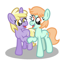 Size: 768x768 | Tagged: safe, artist:brandrewburrito, derpibooru import, dinky hooves, peach fuzz, earth pony, pony, unicorn, ask, ask peach fuzz and dinky doo, cute, cutie mark, diapeaches, dinkabetes, duo, duo female, excited, female, filly, food, friends, happy, high five, hoof hold, hoofbump, open mouth, peach, shadow, simple background, smiling, sparkles, transparent background