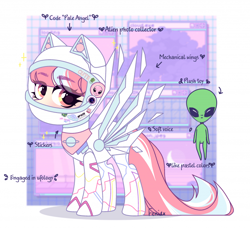 Size: 700x638 | Tagged: safe, artist:marvie69, derpibooru import, oc, oc only, oc:pastel stars, alien, earth pony, pony, artificial wings, astronaut, augmented, female, helmet, mare, mechanical wing, multicolored hair, plushie, reference sheet, solo, spacesuit, sticker, wings