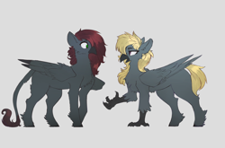 Size: 4000x2635 | Tagged: safe, artist:nsilverdraws, derpibooru import, oc, oc only, oc:eira sundown, oc:vyssini sundown, hippogriff, beak, duo, hippogriff oc, hooves, offspring, simple background, sundown clan, talons, wings