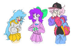 Size: 3000x1960 | Tagged: safe, artist:doodlegamertj, derpibooru import, oc, oc only, oc:adam, oc:mable syrup, oc:musicallie, human, baseball cap, blue hair, bow, cap, clothes, deaf, dress, hat, hoodie, humanized, laughing, pink hair, purple hair, sign language, simple background, transparent background, xd