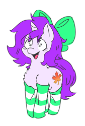 Size: 996x1472 | Tagged: safe, artist:doodlegamertj, derpibooru import, oc, oc only, oc:mable syrup, pony, unicorn, blind, bow, clothes, purple hair, simple background, socks, sticker, striped socks, transparent background