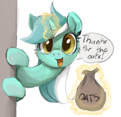 Size: 732x710 | Tagged: safe, artist:dotkwa, derpibooru import, lyra heartstrings, pony, unicorn, bag, dialogue, female, food, long neck, magic, mare, oats, simple background, solo, telekinesis, transparent background