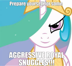 Size: 1124x1034 | Tagged: safe, derpibooru import, princess celestia, alicorn, pony, caption, crown, female, image macro, imma snuggle you, imminent snuggles, implied snuggling, looking at you, mare, meme, smiling, text