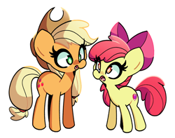 Size: 2200x1737 | Tagged: safe, artist:kindakismet, derpibooru import, apple bloom, applejack, earth pony, pony, adorabloom, cute, duo, female, filly, jackabetes, mare, open mouth, siblings, simple background, sisters, white background