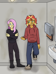 Size: 3000x4000 | Tagged: safe, artist:applejackofalltrades, derpibooru import, fluttershy, sunset shimmer, fanfic:looking glass, series:who we become, equestria girls, bathroom, chat, clothes, converse, shoes, sweater, talking