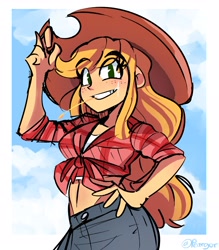 Size: 2656x3033 | Tagged: safe, artist:peargor, derpibooru import, applejack, human, belly button, cloud, cowboy hat, female, freckles, front knot midriff, hand on hip, hat, high res, humanized, looking at you, midriff, no pupils, sky, smiling, solo, straw in mouth
