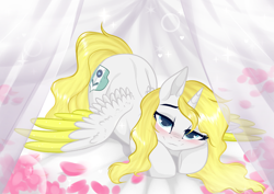 Size: 3465x2454 | Tagged: safe, artist:kim0508, derpibooru import, oc, oc only, oc:sweetie shy, alicorn, pony, alicorn oc, base used, bed, bedroom, bedroom eyes, blushing, commission, cute, female, flower petals, horn, looking at you, mare, petals, pony oc, romantic, smiley face, solo, that bed with petals ych, wings, ych result