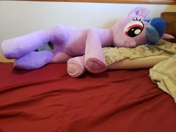 Size: 4032x3024 | Tagged: safe, artist:nekokevin, derpibooru import, sea swirl, seafoam, pony, unicorn, background pony, bed, cute, irl, lying down, on side, photo, pillow, plushie, solo, underhoof