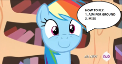 Size: 1917x1001 | Tagged: safe, derpibooru import, edit, screencap, rainbow dash, pegasus, pony, testing testing 1-2-3, :c, frown, golden oaks library, hitchhiker's guide to the galaxy, hub logo, hubble, inverted mouth, solo