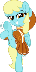 Size: 2522x5000 | Tagged: safe, artist:jhayarr23, derpibooru import, sassaflash, pegasus, pony, background pony, cheerleader, cheerleader outfit, clothes, commission, female, grin, holding leg, looking at you, mare, simple background, skirt, solo, standing, standing on one leg, transparent background, underhoof, ych result
