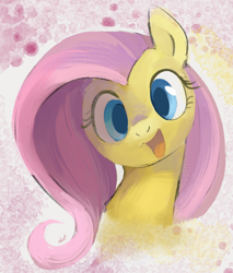 Size: 940x1105 | Tagged: safe, artist:dotkwa, derpibooru import, fluttershy, pegasus, pony, abstract background, bust, cute, female, looking at you, mare, open mouth, portrait, shyabetes, smiling, solo