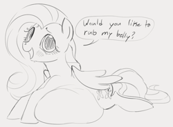 Size: 705x518 | Tagged: safe, artist:dotkwa, derpibooru import, fluttershy, pegasus, pony, belly, big belly, fat, fattershy, female, mare, monochrome, solo, wings