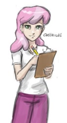 Size: 209x384 | Tagged: safe, artist:johnjoseco, derpibooru import, edit, cheerilee, human, clipboard, clothes, cropped, humanized, pencil, simple background, solo, white background