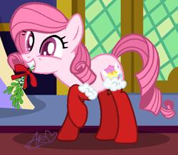 Size: 560x488 | Tagged: safe, alternate version, artist:guruyunus17, derpibooru import, oc, oc:annisa trihapsari, earth pony, pony, base used, bow, christmas, clothes, evening gloves, female, gloves, holiday, mare, red gloves, red stockings, socks, solo, stockings, teeth, twilight's castle