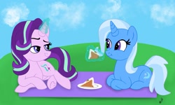 Size: 2048x1229 | Tagged: safe, artist:kazzysart, derpibooru import, starlight glimmer, trixie, pony, unicorn, cake, carrot cake (food), eating, female, food, lesbian, looking at each other, magic, mare, picnic, picnic blanket, ponyloaf, shipping, startrix, telekinesis