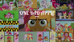 Size: 1972x1109 | Tagged: safe, derpibooru import, edit, edited screencap, editor:quoterific, screencap, apple bloom, applejack, babs seed, pinkie pie, scootaloo, sweetie belle, earth pony, pony, one bad apple, cutie mark crusaders, luster dust, sweetie gold