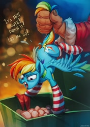 Size: 905x1280 | Tagged: safe, artist:hattiezazu, derpibooru import, rainbow dash, human, pegasus, pony, abuse, backwards cutie mark, box, christmas, clothes, costume, dashabuse, feather, hand, holiday, packing peanuts, present, santa claus, santa costume, socks, striped socks, tail, tail pull, upside down, wings