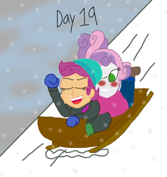 Size: 1280x1349 | Tagged: safe, artist:horroraceman93, derpibooru import, scootaloo, sweetie belle, equestria girls, blushing, clothes, female, lesbian, mountain, scootabelle, shipping, sled, snow, winter outfit