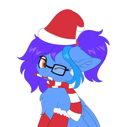 Size: 5000x5000 | Tagged: safe, artist:lunar froxy, derpibooru import, oc, oc only, oc:angley, pegasus, pony, absurd resolution, chest fluff, christmas, clothes, commission, cute, ear fluff, female, glasses, hat, holiday, one eye closed, ponytail, santa hat, scarf, simple background, socks, solo, transparent background, wings, wink, ych result