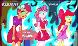 Size: 1136x676 | Tagged: safe, artist:bbbhuey, derpibooru import, apple bloom, scootaloo, sweetie belle, human, equestria girls, equestria girls (movie), blank expression, canterlot high, clothes, cropped, cutie mark crusaders, dark magic, dress, fall formal outfits, female, hypnosis, hypnotized, implied sunset satan, implied sunset shimmer, magic, mind control, offscreen character, onomatopoeia, sound effects, speech bubble, transformation