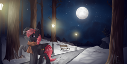 Size: 6450x3250 | Tagged: safe, artist:singovih, derpibooru import, oc, oc:darius, oc:rosetta hask, pegasus, pony, unicorn, castle, female, horn, lamp, male, moon, mountain, night, night sky, sky, snow, solo, wings, winter, wood