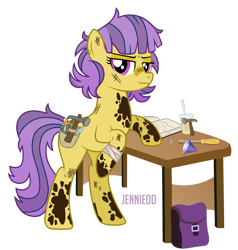 Size: 1144x1200 | Tagged: safe, artist:jennieoo, derpibooru import, oc, oc:shale blush, earth pony, pony, bag, book, diamond, gem, solo, stains, table, working