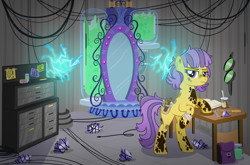 Size: 1200x793 | Tagged: safe, artist:jennieoo, derpibooru import, oc, oc:shale blush, earth pony, goo, pony, diamond, electricity, gem, goggles, mirror, mirror portal, solo, tesla coil, wires, working