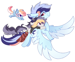 Size: 1500x1250 | Tagged: safe, artist:liquorice_sweet, derpibooru import, oc, oc only, oc:comet streak, oc:liquorice sweet, oc:soaring skies, earth pony, pegasus, pony, 2021 community collab, clothes, couple, derpibooru community collaboration, family, female, flying, foal, holding on, male, mare, simple background, socks, stallion, striped socks, transparent background