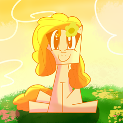 Size: 2000x2000 | Tagged: safe, artist:captdraws, derpibooru import, pear butter, earth pony, pony, cubism, cute, field, flower, flower in hair, modern art, pearabetes, sitting, solo