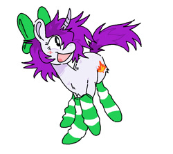 Size: 966x862 | Tagged: safe, artist:boxyknife, derpibooru import, oc, oc only, oc:mable syrup, pony, unicorn, blind, bow, clothes, palindrome get, purple hair, socks, solo, striped socks