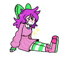 Size: 635x510 | Tagged: safe, artist:boxyknife, derpibooru import, oc, oc only, oc:mable syrup, human, boots, bow, clothes, deaf, dress, humanized, purple hair, shoes, sitting, socks, stockings, striped socks, thigh highs, tongue out