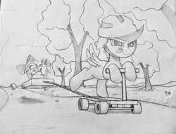 Size: 1140x873 | Tagged: safe, artist:allysterblack, derpibooru import, apple bloom, scootaloo, sweetie belle, earth pony, pegasus, pony, unicorn, :p, cutie mark crusaders, helmet, monochrome, pencil drawing, scooter, screaming, this will end in pain, tongue out, traditional art, wagon